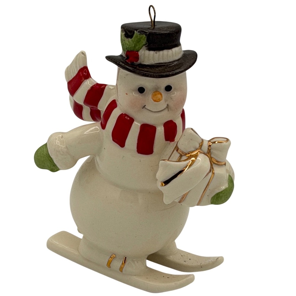 Lenox Downhill Snowman Skiing Porcelain Christmas Tree Ornament Gold Trim No Box